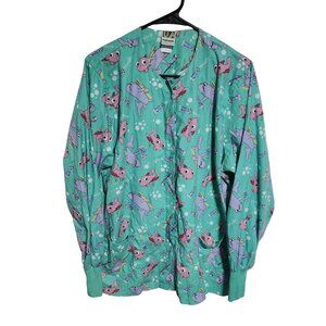 UA Scrubs Dental Top Womens Size Large Fish Shark Graphic Green Long Sleeve